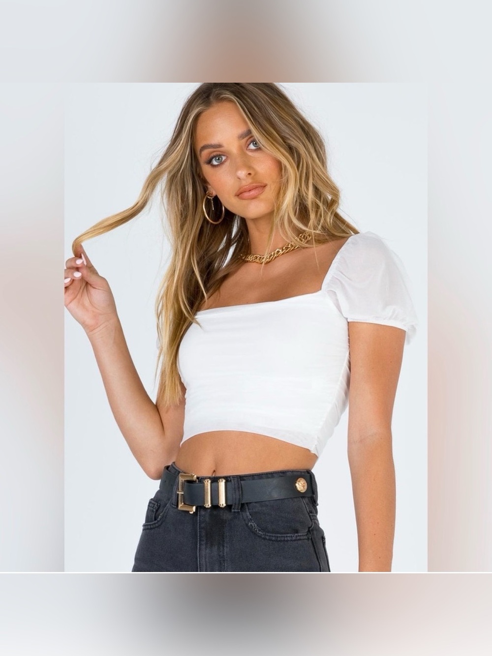 Princess Polly white crop top womens 2 puff sleeve mesh city lights festival